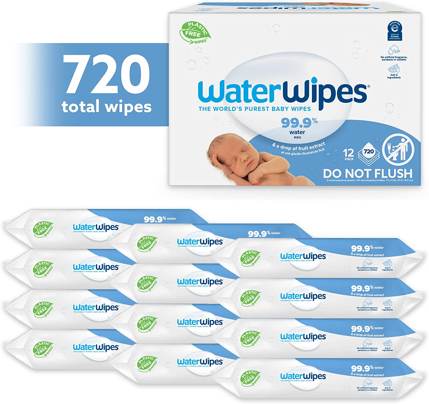 WaterWipes Plastic-Free Original Baby Wipes, 99.9% Water Based Wipes, Unscented & Hypoallergenic for Sensitive Skin, 300 Count (5 packs), Packaging May Vary - Image 2